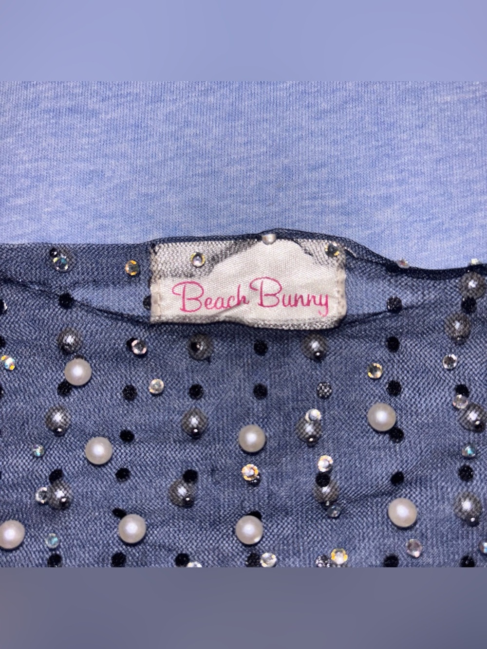 Beach Bunny Sheer Black Pearl-Embellished Long Sleeve Crop Top - Picture 3 of 9